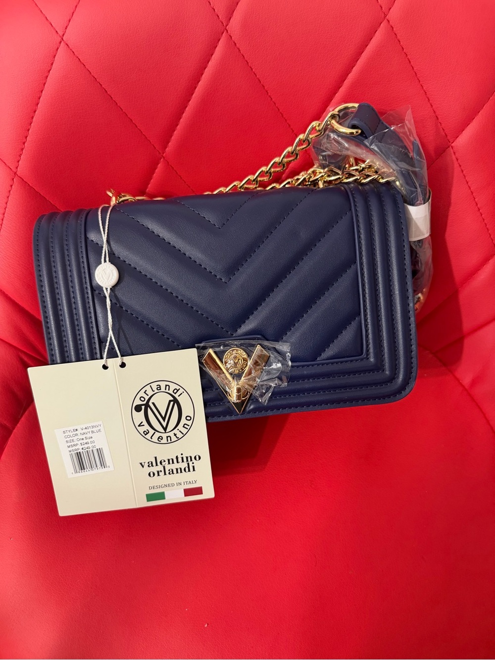 Valentino Orlandi Navy Quilted Crossbody with Gold Chain